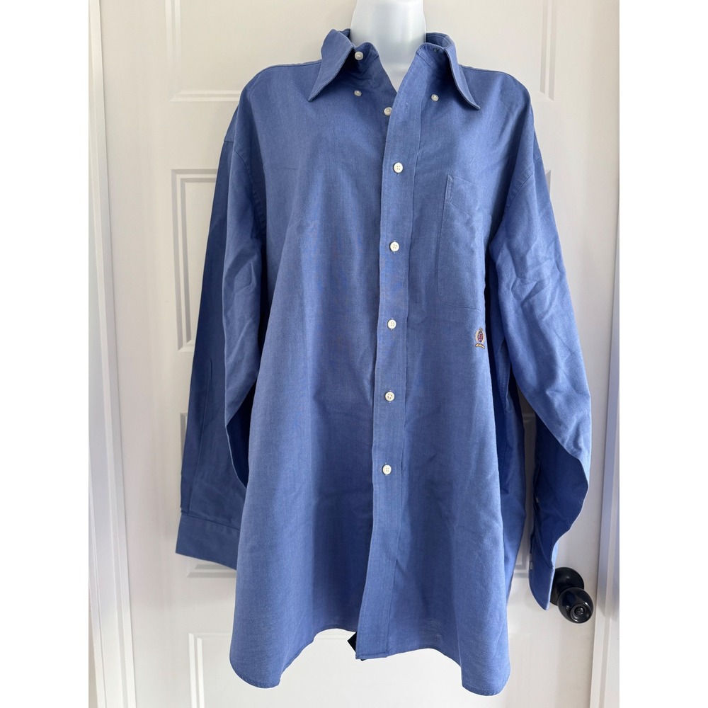 Tommy Hilfiger Vintage Mens XL Blue Oxford Button Down Shirt Collar 17.5